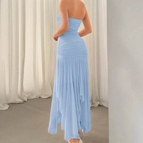 Blue Elegant Women's Irregular Hem Ruffle Trim Date & Wedding Season Dress - Picture 2 of 5